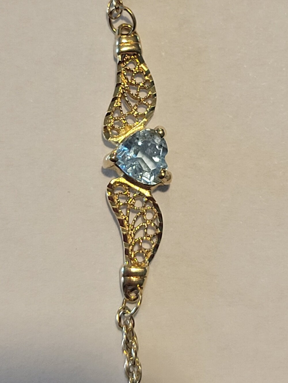 14K Yellow Gold Very Denty Bracelet with Light Blue Heart Stone Pendant,7" Long - Picture 7 of 9